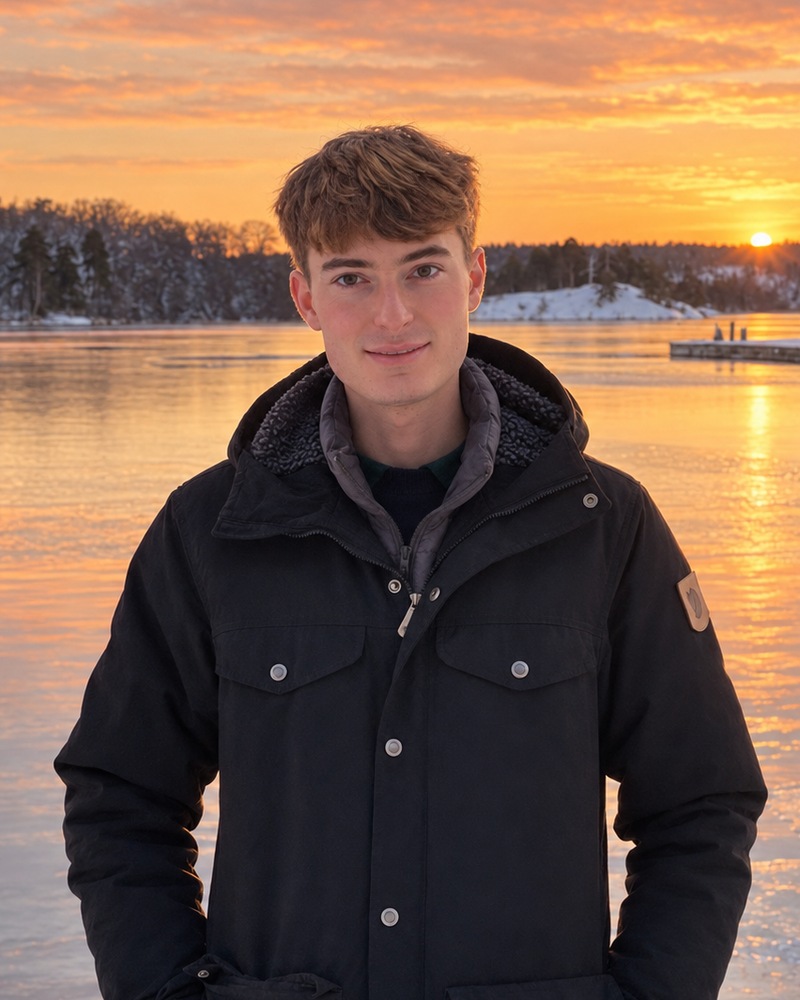 Portrait of Jordan McCarthy beside a lake at sunset
